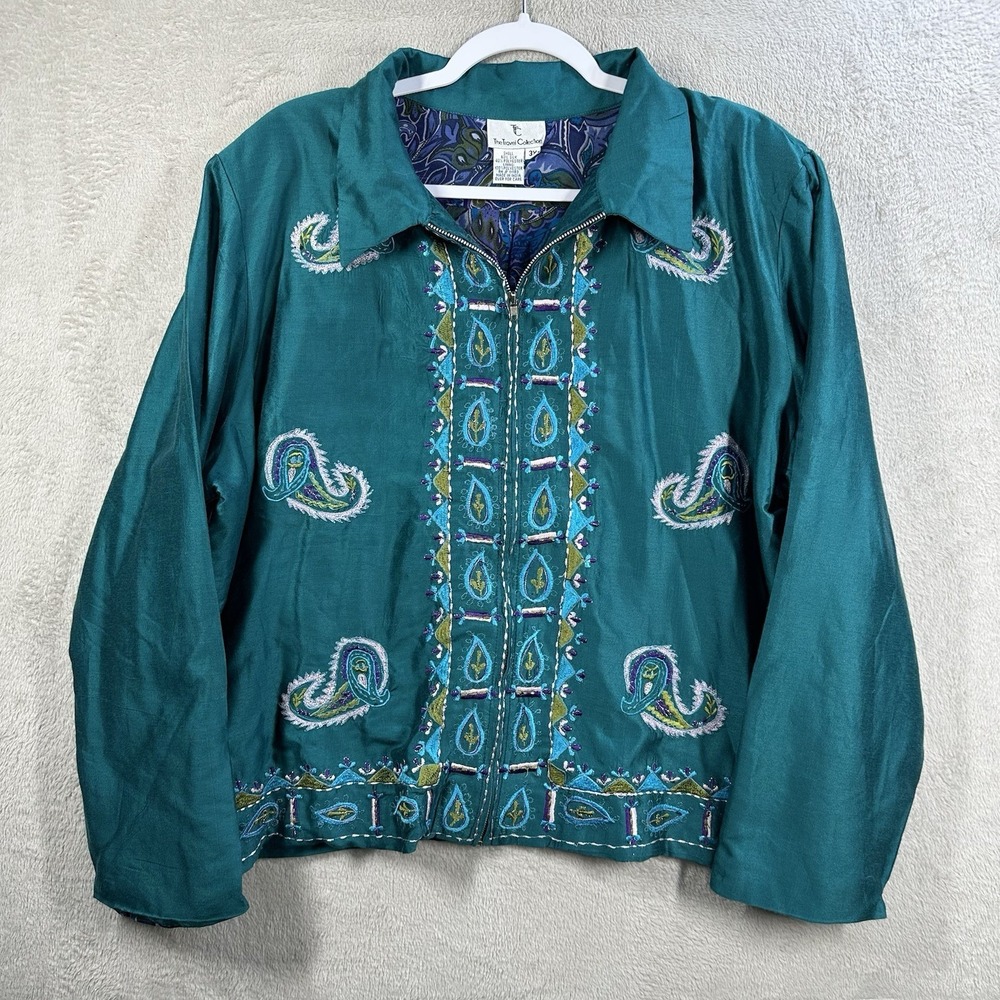 The Travel Collection Silk Blend Embroidered Jacket Sz 3X Teal Green Paisley Zip